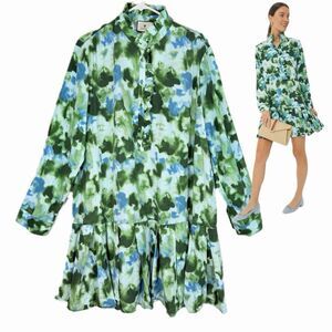 Tuckernuck Deep Lagoon Tate Dress SIZE XXXL Green Drop Waist Pleated Long Sleeve